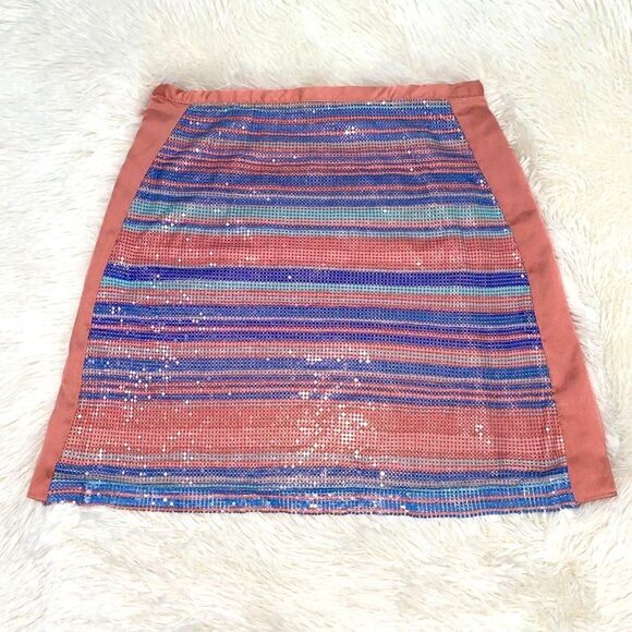 RAMY BROOK Skirt NWT Kate exclusive Chainmail Metallic Satin Mini Pink Blue  XS - Picture 7 of 14
